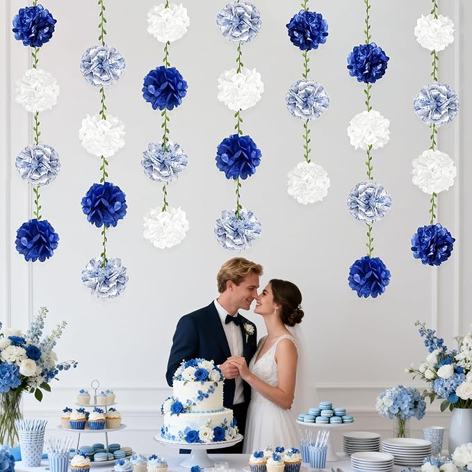 Blue and White Floral Royal Blue Tissue Flowers Pom Pom with Sage Green Leaf Ribbon Hanging Streamer Garland for Birthday Baby Shower Wedding Engagement Chinoiserie Theme Party Decorations Supplies