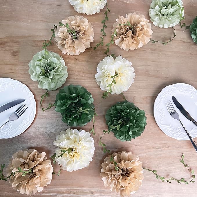 Sage Green Beige Party Decorations Tissue Paper Flowers Pom Pom with Leaf Ribbon Hanging Garland Streamer for Neutral Baby Shower Birthday Wedding Bachelorette Safari Jungle Woodland Party Supplies