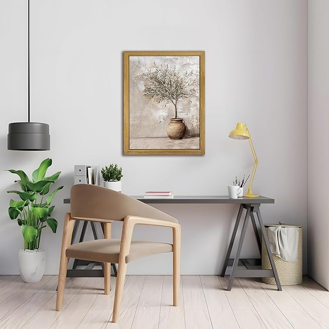 Vintage Olive Tree Canvas Wall Art, Farmhouse Aesthetic Oil Painting, Rustic Potted Plant Wall Decor, Neutral Botanical Print Artwork Picture for Living Room Kitchen Home Decor 16x24 Inch Framed