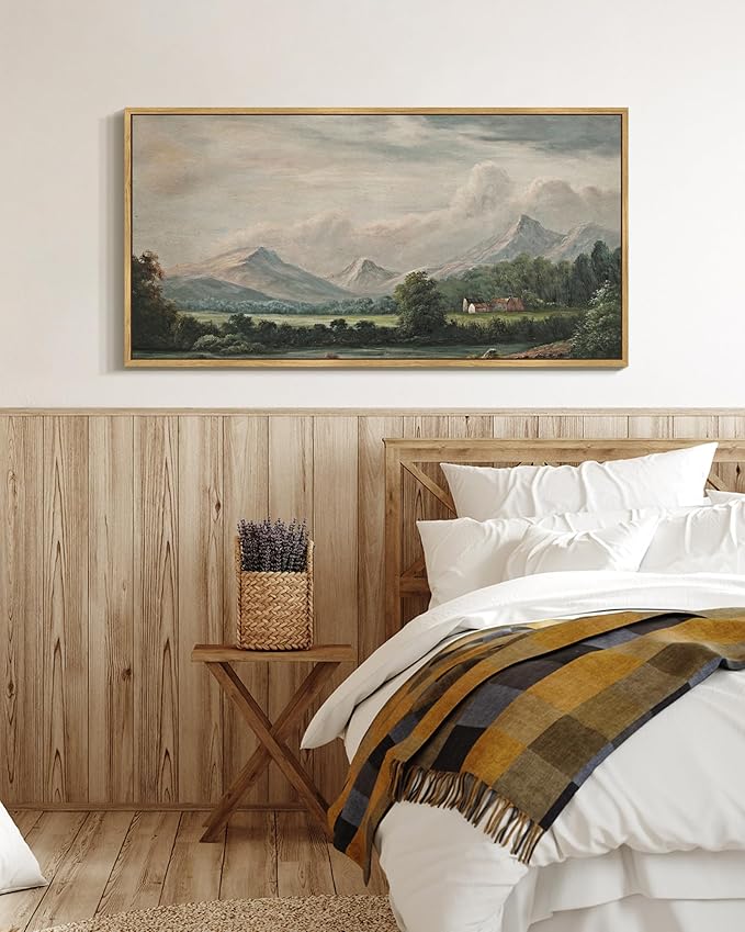 SHENIFY Vintage Framed Wall Art Rustic Cottage Country Riverside Landscape Scenery Home Decor Retro Mountain Decorations for Bedroom Ready to Hang Wall Artwork - 20x40in Natural Framed