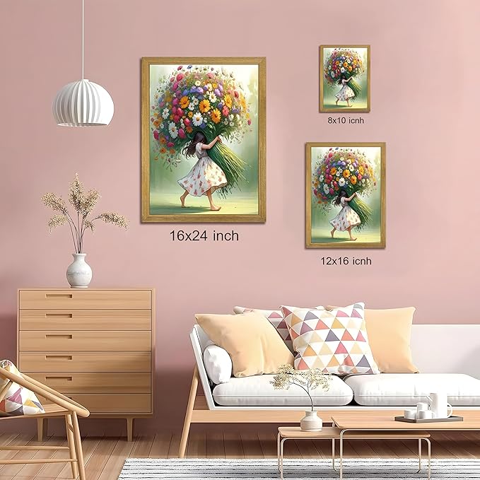 Wood Framed Pink Wildflower Canvas Wall Art, Girl Hugging Flowers Poster Prints Paintings, Teen Girls Preppy Bedroom Decor, Green Room laesthetic Picture for Kids Room Hallway Living Room 16x24 Inch