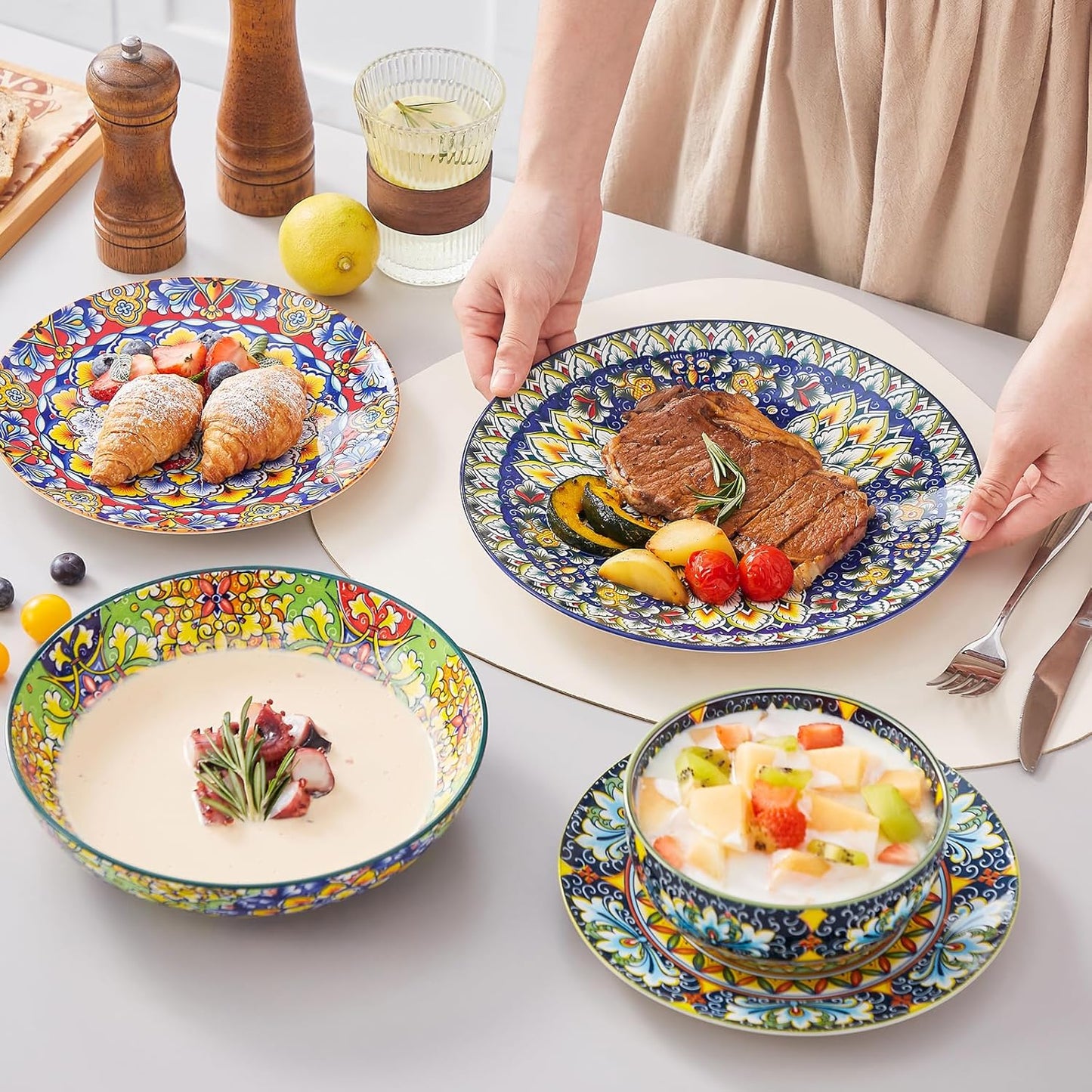 vancasso 24 Pieces Dinnerware Sets, Plates and Bowls Set, Porcelain Dishes Set for 6, Microwave and Dishwasher Safe, Scratch Resistant, Bohemian Style Dining Ware Service for 6, Series SIMI
