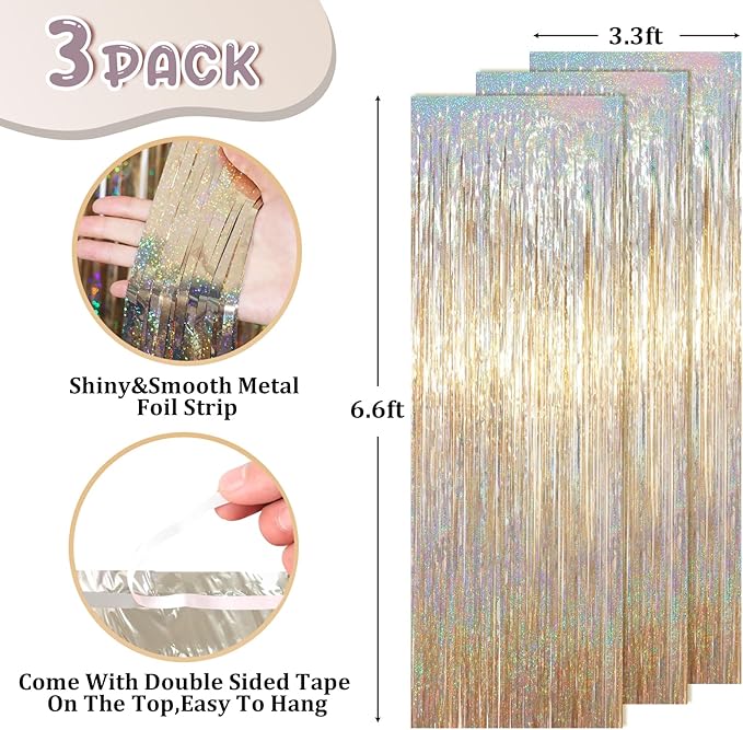 3.3 x 6.6 ft Foil Fringe Backdrop Curtains, Tinsel Streamers Party Decorations, Fringe Backdrop for Birthday, Baby Shower, Gender Reveal, Graduation (3, Champagne)