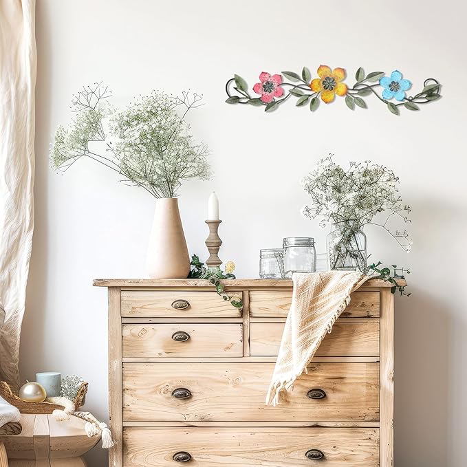 Wesiti Metal Flower Wall Decor Vintage Spring Metal Flower Wrought Iron Scroll Sculpture 15.7''x3.7'' Farmhouse Leaves Wall Decor with Nails for Spring Living Room Bedroom Indoor Outdoor(Bright Color)
