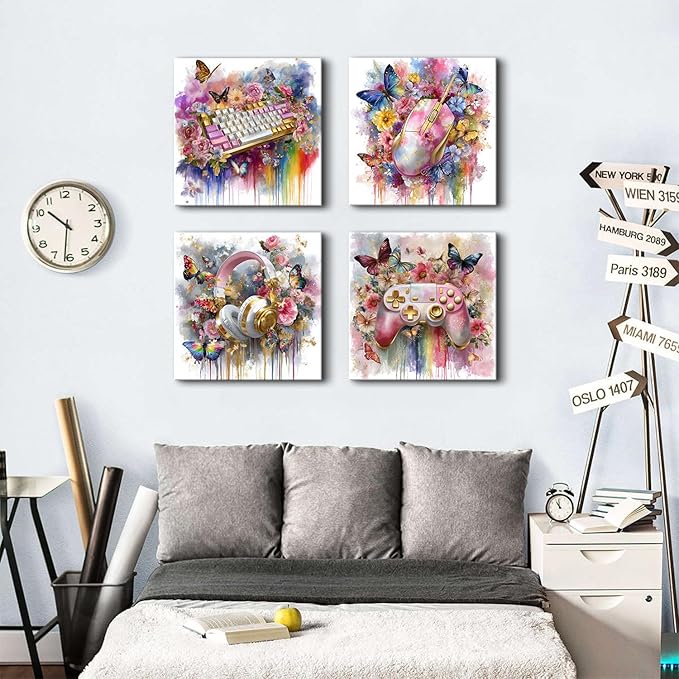 Large 4 Panel Gaming Wall Art Girls Room Decor Pink Floral Butterfly Canvas Print Gamer Bedroom Wall Decor 20x20”, Colorful Controller Headphones Keyboard Mouse Posters Gaming Home Decorations