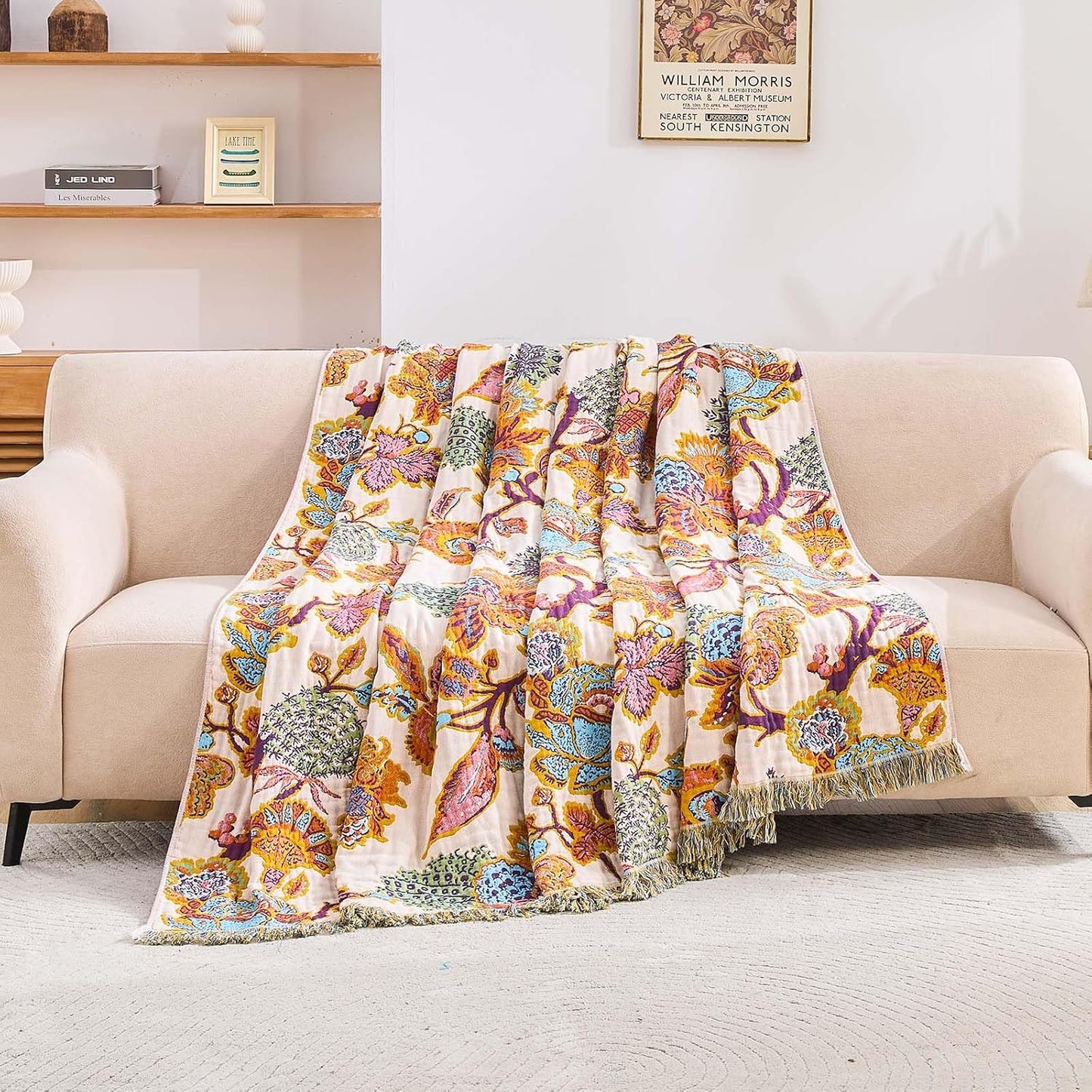 Boho Throw Blanket for Bed, 100% Cotton Soft Rustic Quilt Fall Blanket, 50"x60" Floral Printed Farmhouse Decor Bed Blankets, All Season Rustic Reversible Bohemian Throw Quilt
