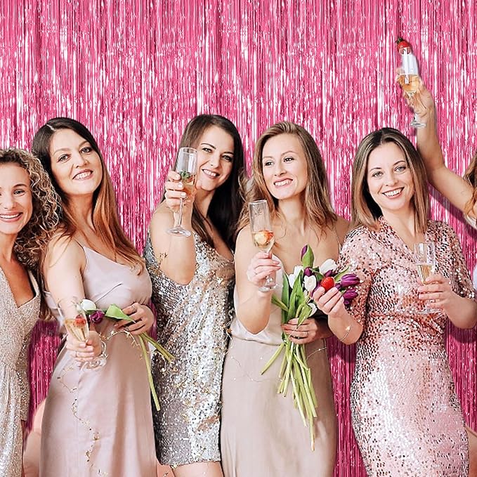 2 Pack Foil Curtain Backdrop Pink Metallic Tinsel Foil Fringe Curtains Photo Booth Props for Birthday Valentines Day Wedding Engagement Baby Shower Bachelorette Christmas Holiday Party Decorations