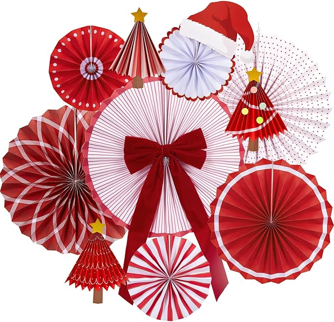 Christmas Paper Fan Decorations Christmas Decorations Classroom Red Hanging Paper Fans 10PCS with Santa Hat Gold Stars for Xmas Winter New Year Wall Ceiling Party Holiday