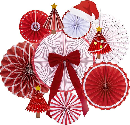 Christmas Paper Fan Decorations Christmas Decorations Classroom Red Hanging Paper Fans 10PCS with Santa Hat Gold Stars for Xmas Winter New Year Wall Ceiling Party Holiday