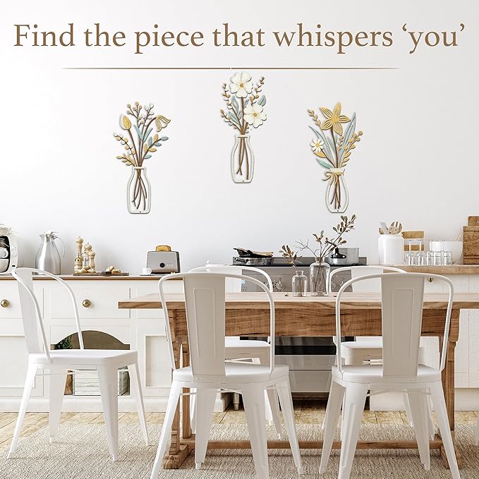 3 Piece Metal Flower Wall Art for Bedroom Living Room Rustic Farmhouse Floral Wall Decor for Bathroom Dining Room Boho Home Decorations Modern Minimalism Walls Hanging Sculptures(Gold Yellow White)