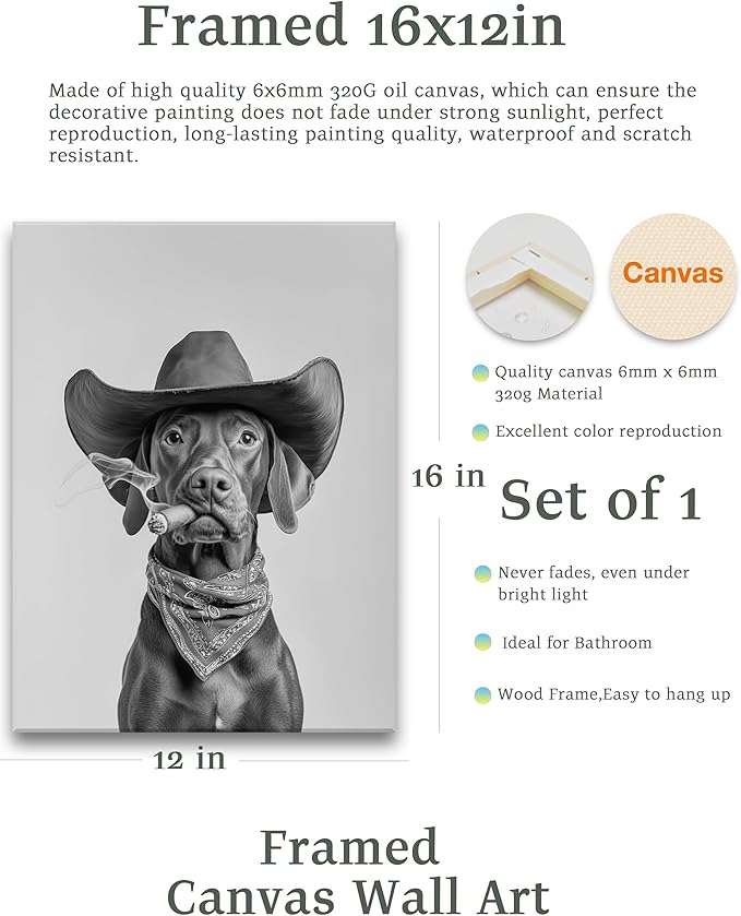 KensTro Funny Bathroom Wall Art Decor,12" x 16" Framed Canvas Bathroom Wall Art Picture,Black and White Vizsla Cowboy Art Print Wall Art Animal Abstract Prints,Wall Decor for Kid's Room,1Pack Gift