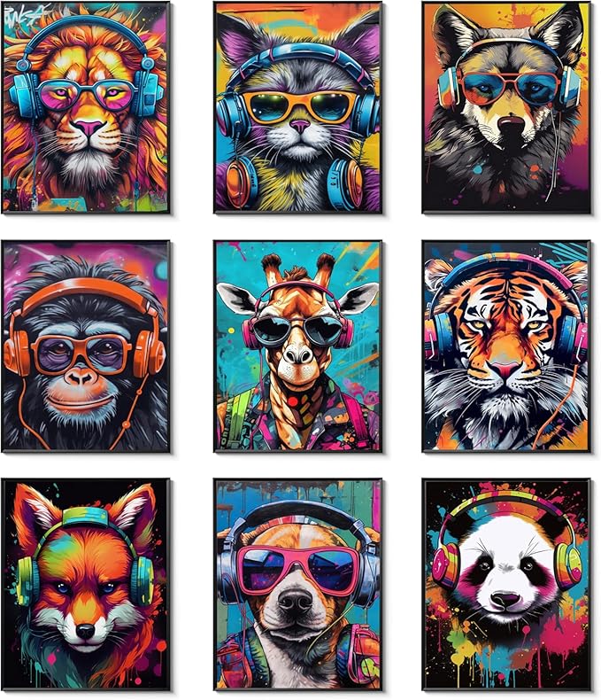 Ucninvd Graffiti Gaming Posters Wall Art Set of 9, Boys Gamer Controller Wall Decor Paintings, DJ Animals Earphone Picture Prints Boys Room Kids teeny for Room Bedroom Decoration 8x10In Unframed
