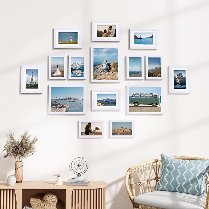 Vittanly 15 Pack Picture Frames Collage Wall Decor for Mounting or Tabletop Display, Gallery Frame Set for Family, Multi Sizes Including 3pcs 8x10, 6pcs 5x7, 6pcs 4x6, White