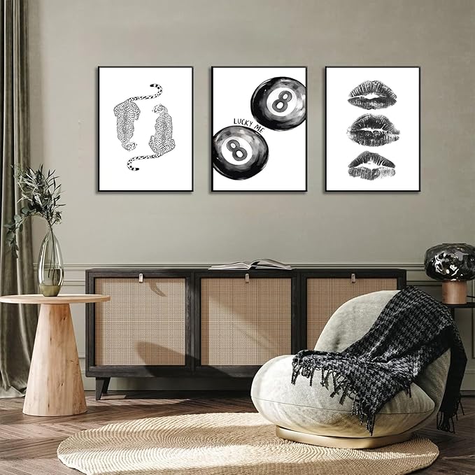 BOKPEN Trendy Black and White Leopard Canvas Wall Art,Funky Y2k Lucky 8 Ball Posters,Retro Kiss Lips Print Picture,Cheetah Prints Aesthetic for Girls Room College Dorm Home Decor (16x24in Unframed)