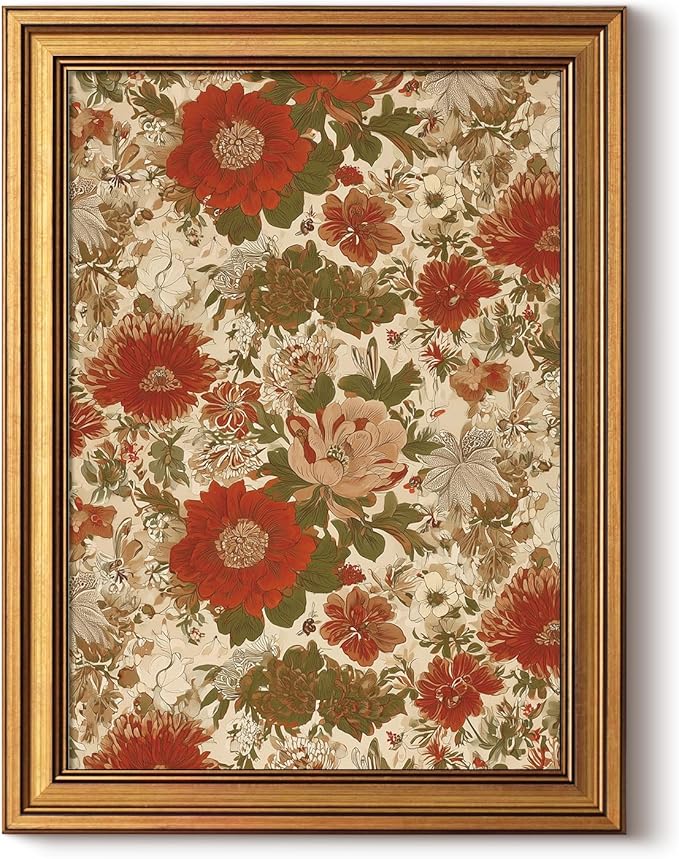 InSimSea Gold Framed Canvas Prints Wall Art, Vintage Floral Pattern Prints Decor, Retro Botanical Paintings Farmhouse Wall Decor, Antique Pictures for Bedroom Living Room Shelf, 12x16inch