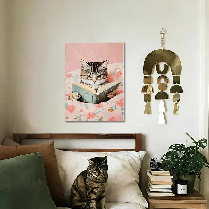 Framed Cats Canvas Wall Art, Funn Tabby Cat Reading Books Picture Wall Decor, Pink Vintage Animal Poster Prints for Girls Room Bedroom Kids Room Living Room Bathroom Decor 12x16 inch