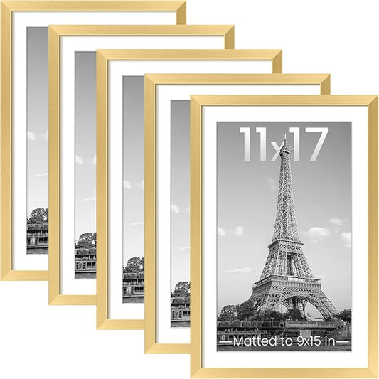 upsimples 11x17 Picture Frame Set of 5, Display Pictures 9x15 with Mat or 11 x 17 Without, Wall Gallery Poster Frames, Gold