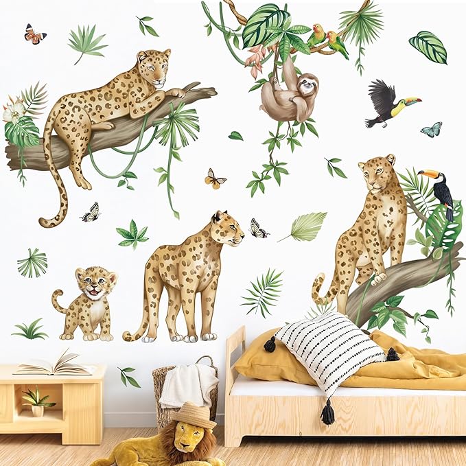 wondever Safari Jungle Animal Leopard Wall Stickers Cheetah Tree Branch Sloth Tropical Leaves Peel and Stick Wall Art Decals for Baby Nursery Kids Bedroom Living Room