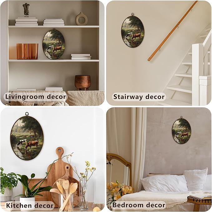 Gnmduw Vintage Cow Landscape Oval Wall Art Framed, Rustic Farmhouse Cow Scene Canvas Prints Hanging Decor, Cottage Rustic Farm Animal Wall Decor for Barn Cabin Bedroom Living Room, 8.7x11.3 Inch
