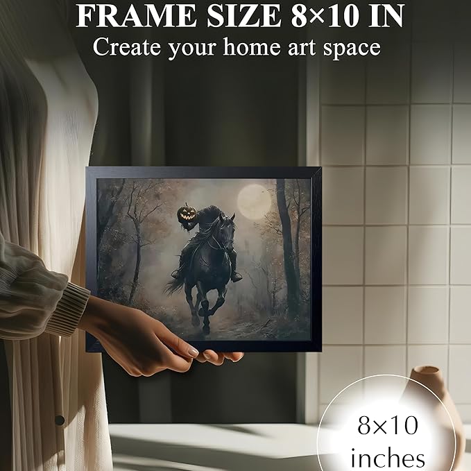 Vintage Canvas Wall Art, Dark Academia Wall Decor, Gothic Poster Print Painting, Headless knight holding a pumpkin lantern Halloween for Living Room Bedroom Decor 8x10 Inch Black Wood Framed