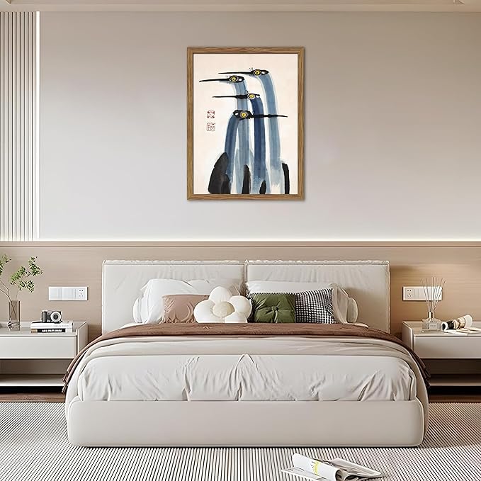 Framed Vintage Canvas Wall Art, Elegant Ink Cranes Painting, Antique Watercolor Prints, Classic Chinese Style Bird Artwork, Farmhouse Wall Decor for Living Room Study Office – 8x10 inch