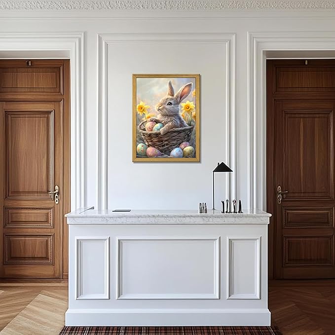 Easter Bunny Wall Art, Cute Rabbit Canvas Wall Decor Painting, Easter Eggs Poster Print Picture, Spring Farmhouse Animal Oil Painting for Living Room Bedroom Kitchen Holiday Home Decor 16x24 Inch Wood Framed