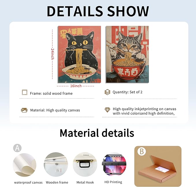 Framed Funny Black Cat Canvas Wall Art Set of 2, Vintage Japanese Cat Eating Ramen Poster, Unique Gifts and Animal Lover Printing Picture for Living Room Kitchen Dining Room Wall Decor 16x24 Inch