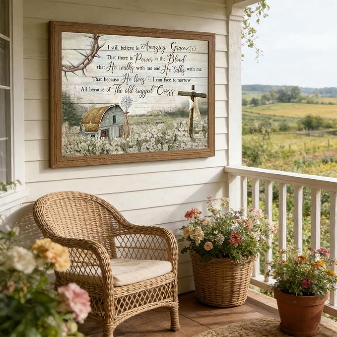 HDXUFJQ Brown Wooden Frame Christian Wall Art Barn Windmill Canvas Wall Decor Religious Cross Wall Art I Still Believe In Amazing Grace Picture Print Christian Prayer Decor Paintings(16"x24")