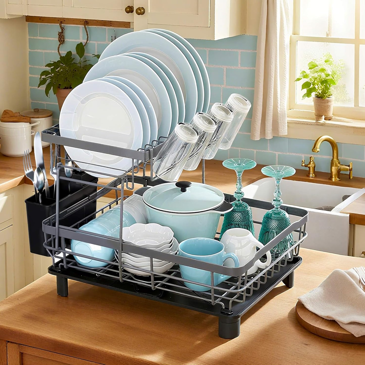 MOUKABAL Dish Drying Rack, 2 Tier Dish Rack, Large Dish Racks for Kitchen Counter, Dish Drainer with Removable Utensil Holder, Drainboard (Grey)