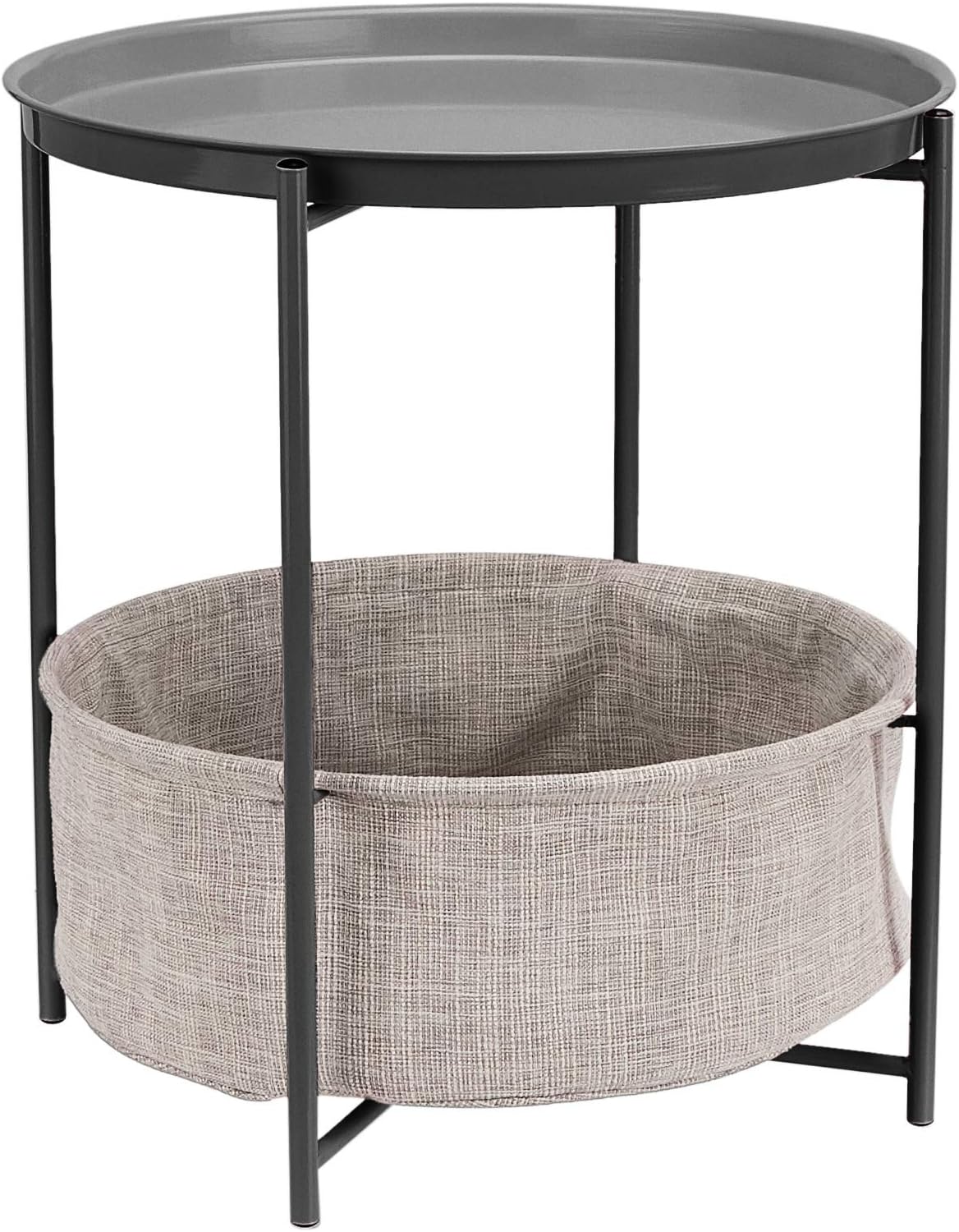 Amazon Basics Round Storage End Table, Side Table with Cloth Basket, Charcoal/Heather Gray, 17.7 x 17.7 x 18.9 in
