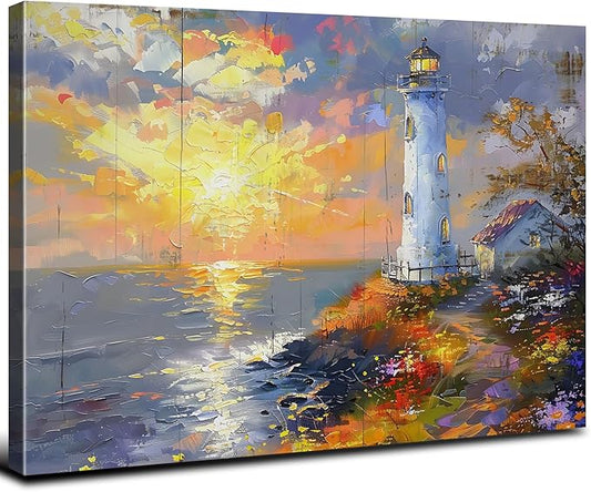 Lighthouse Wall Art Abstract Beach Wall Decor Sunset Coastal Canvas Prints Painting Ocean Landscape Picture Modern Seascape Artwork for Kitchen Bedroom Living Room Home Decoration 24x36"