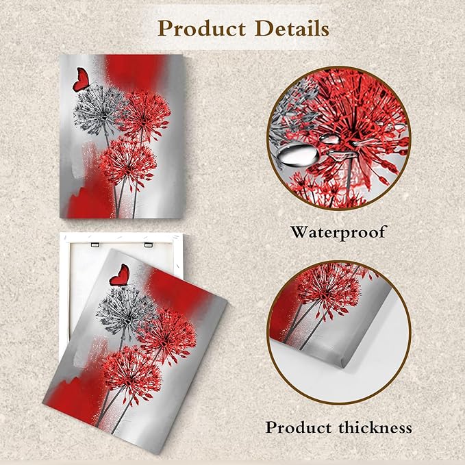 LB Red Dandelion Floral Wall Art Red and Grey Flower Butterfly Canvas Wall Art Modern Abstract Wall Decor for Bedroom Bathroom Living Room Framed Ready to Hang 16L x 12W