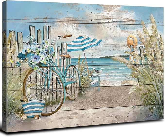 Coastal Wall Art Beach Theme Bathroom Decor Farmhouse Teal Ocean Canvas Prints Poster Seagull Floral Bicycle Pictures Seascape Coastline Painting Artwork for Kitchen Bedroom Home Decoration 12x16"