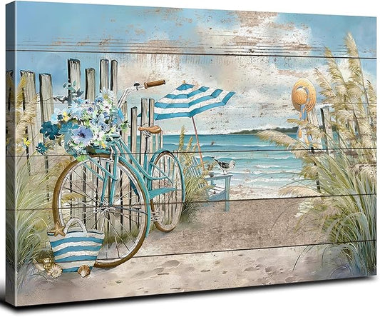 Coastal Wall Art Beach Theme Bathroom Decor Farmhouse Teal Ocean Canvas Prints Poster Seagull Floral Bicycle Pictures Seascape Coastline Painting Artwork for Kitchen Bedroom Home Decoration 12x16"