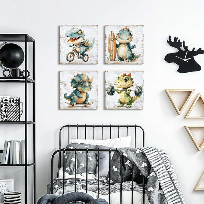 Cute Dinosaur Wall Art Kids Room Decor Cartoon Sport Dino Canvas Pictures for Nursery Baby Boys Girls Bedroom Decor Dinosaur Bike Surfboard Weights Posters Artwork Toddler Home Decorations 12x12” 4Pcs