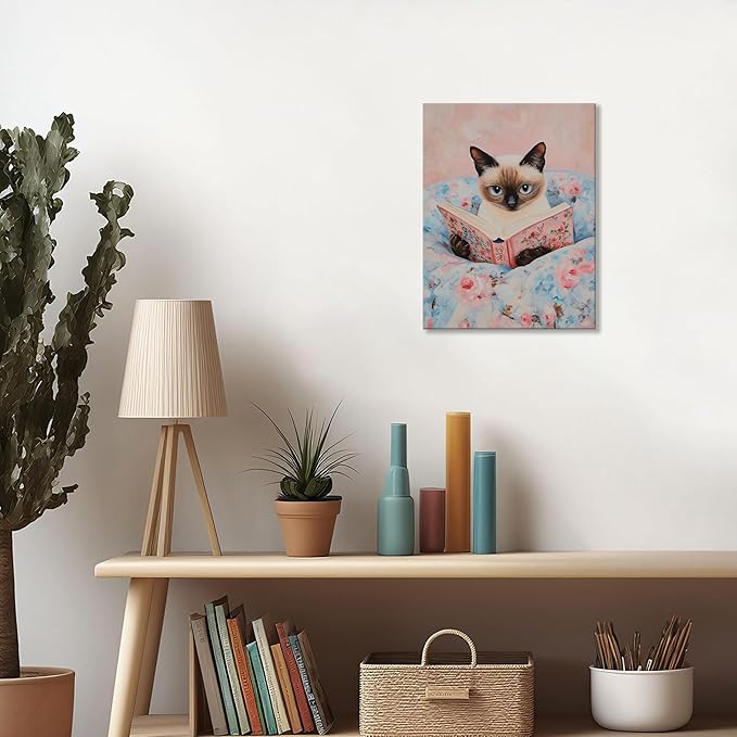Framed Cat Reading Book Canvas Wall Art, Cute Pink Siamese Cat Wall Decor Print Painting, Funny Animal Lovers Picture for Bedroom Living Room Kids Room Girls Room Home Decor 12x16 Inch