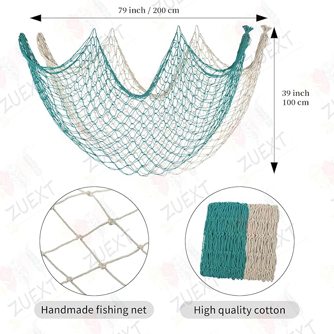 ZUEXT Beige & Aqua Decorative Fishing Net 80x40 Inch, 2PCS Large Picture Fish Net, Pirate Mermaid Net for Nautical Ocean Themed Under The Sea Party, Wall Hanging Fishnet for Photo Display
