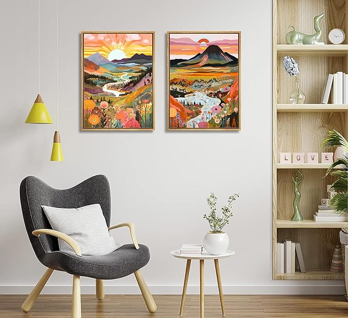 2Pcs Framed Boho Colorful Mountain Canvas Wall Art Abstract Sunrise and sunset Landscape Flower Wall Decor Watercolor Nature Forest Poster Print Artwork for Living Room Bedroom Office Home Decoration