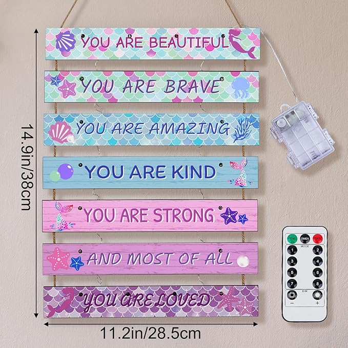 FIOBEE Girls Room Décor for Teen Girls Boys with LED Light Wall Decor for Bedroom Motivational Inspirational Wall Art Room Decoration for Kids Studyroom, 8 Kinds of Lights, Pink Green Mermaid