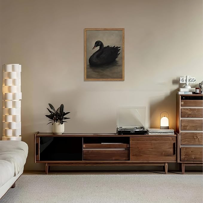 Framed Black Swan Wall Art, Dark Academia Gothic Swan Canvas, Vintage Victorian Animal Pictures Prints, Rustic Farmhouse Wall Decor for Living Room Bedroom Bathroom – 12x16 inch