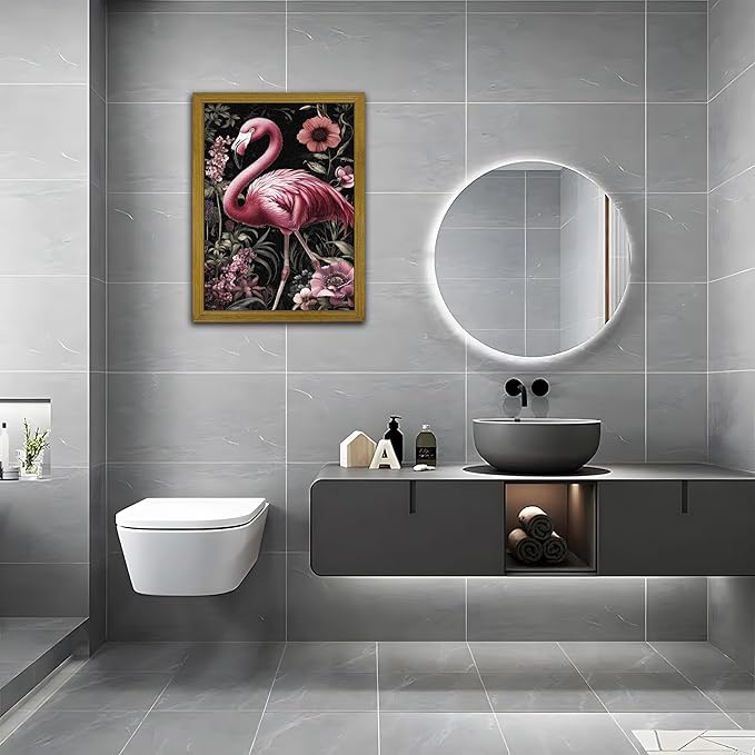 Framed 3D Textured Wall Art, Hand Drawn Sandstone Flamingos Wall Decor Paintings, Vintage Animal Floral Botanical Aesthetic Picture, Pink Academia Decor for Living Room Bathroom Home 16x24 inch