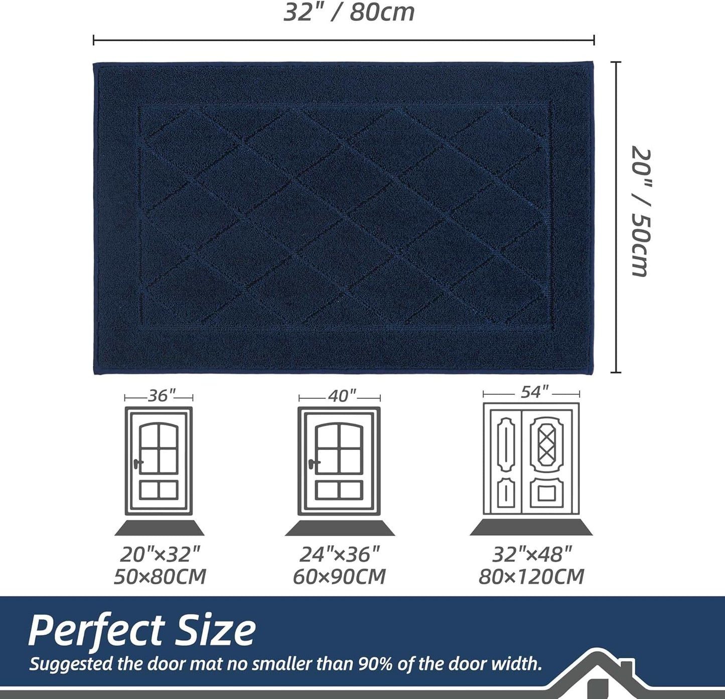 BEQHAUSE Dirt Trapper Door Mat 20" x 32", Doormat Non-Slip Entryway Rugs Washable, Dog Door Mat Stain Resistant and Absorbent Welcome Floor Mat for Front Back Door, Muddy Wet Shoes & Paws, Navy Blue