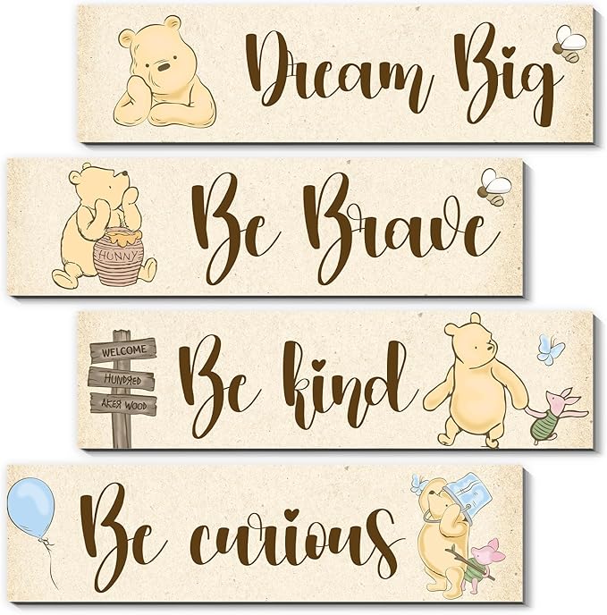 BirtDerr 4Pcs Winnie Nurasy Decor-Winnie Bedroom Wall Decor-Adorable the Pooh Sign for Baby Room-the Pooh Nursery Decor-Baby Shower Decorations(Classic)