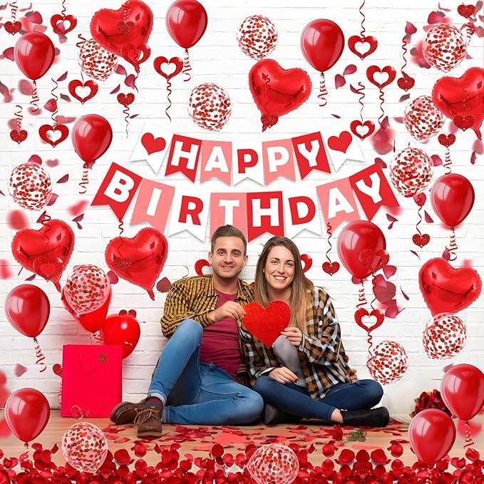 FECEDY Red Happy Birthday Banner Heart-Shaped Aluminum Foil Balloon Round Latex balloons Fake Petals Hanging Streamers for happy Birthday Party Decorations