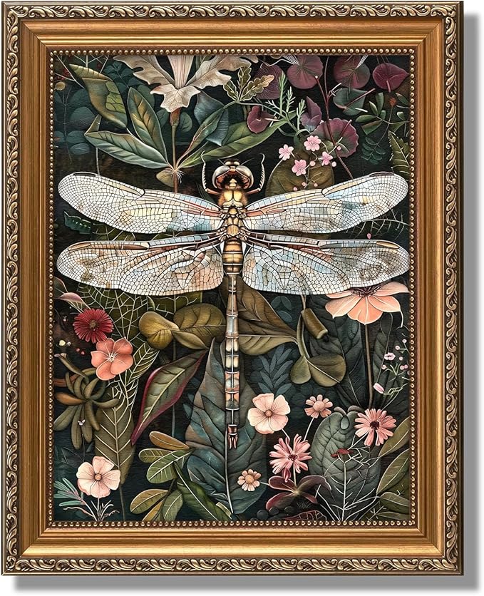 ASTRDECOR Gold Framed Vintage Wall Art, Dark Green Dragonfly & Floral Botanical Wall Decor, Nature Picture Canvas Painting for Living Room Bedroom Bathroom Home Decor, 12"x16"