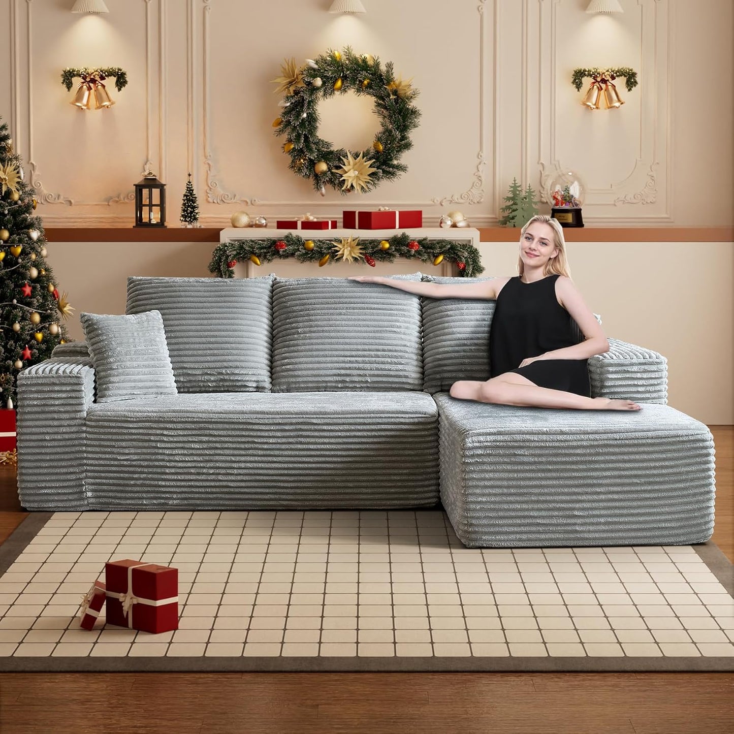 HYJT-H&K Modular Sectional Sofa Cloud Secttional Couch, 107" Comfy L Shaped Couches for Living Room, Deep Seat Memory Foam Fluffy Plush Corduroy Boneless Couch Sectionals Right Facing Sofa Chaise Grey
