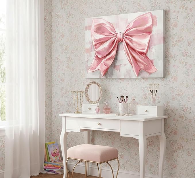 Pink Bow Canvas Wall Art Trendy Cute Preppy Watercolor Bow Painting Pictures Wall Decor Posters Prints Girly Aesthetic for College Apartment Bedroom Decoration