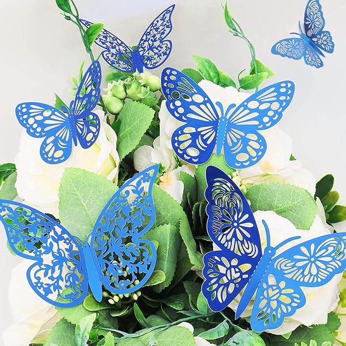 72 Pcs 3D Butterfly Wall Decor - 3 Styles, 3 Sizes, Blue, Wedding & Birthday Party Decorations