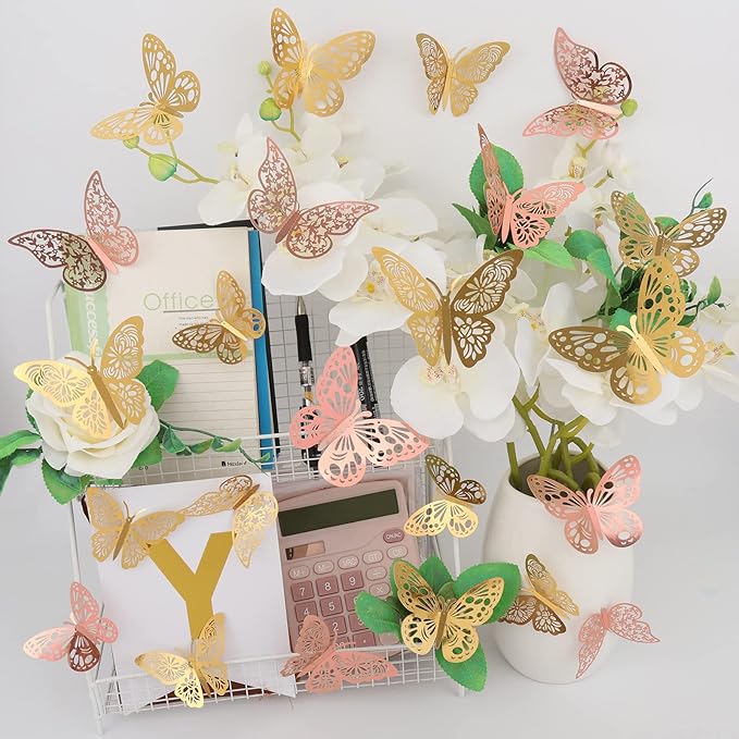 72 Pcs Butterfly Wall Decor, 3 Styles 3 Sizes 3D Butterfly, Gold and Rose Gold Butterfly, Wedding Decorations, Birthday Party Decorations, Girls Bedroom Decoration(72 Pcs, Gold and Rose Gold)
