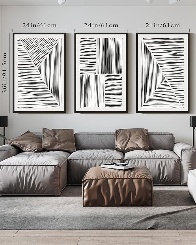 Drsoum Mid-Century Modern Framed Wall Art Large 24x36in Minimalist Abstract Boho Black Line Wall Decor Geometric Artwork Kitchen Dining Room Black Framed